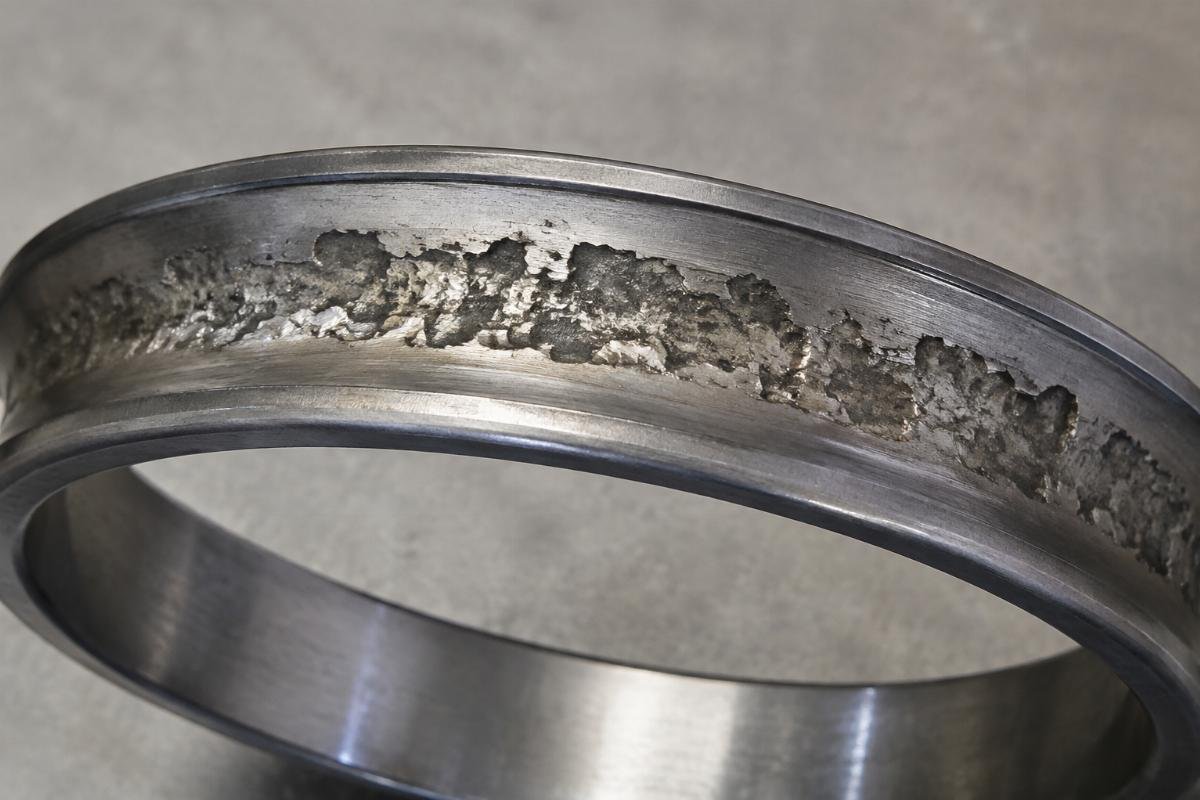 Damaged bearing raceway showing spalling pattern from incorrect clearance