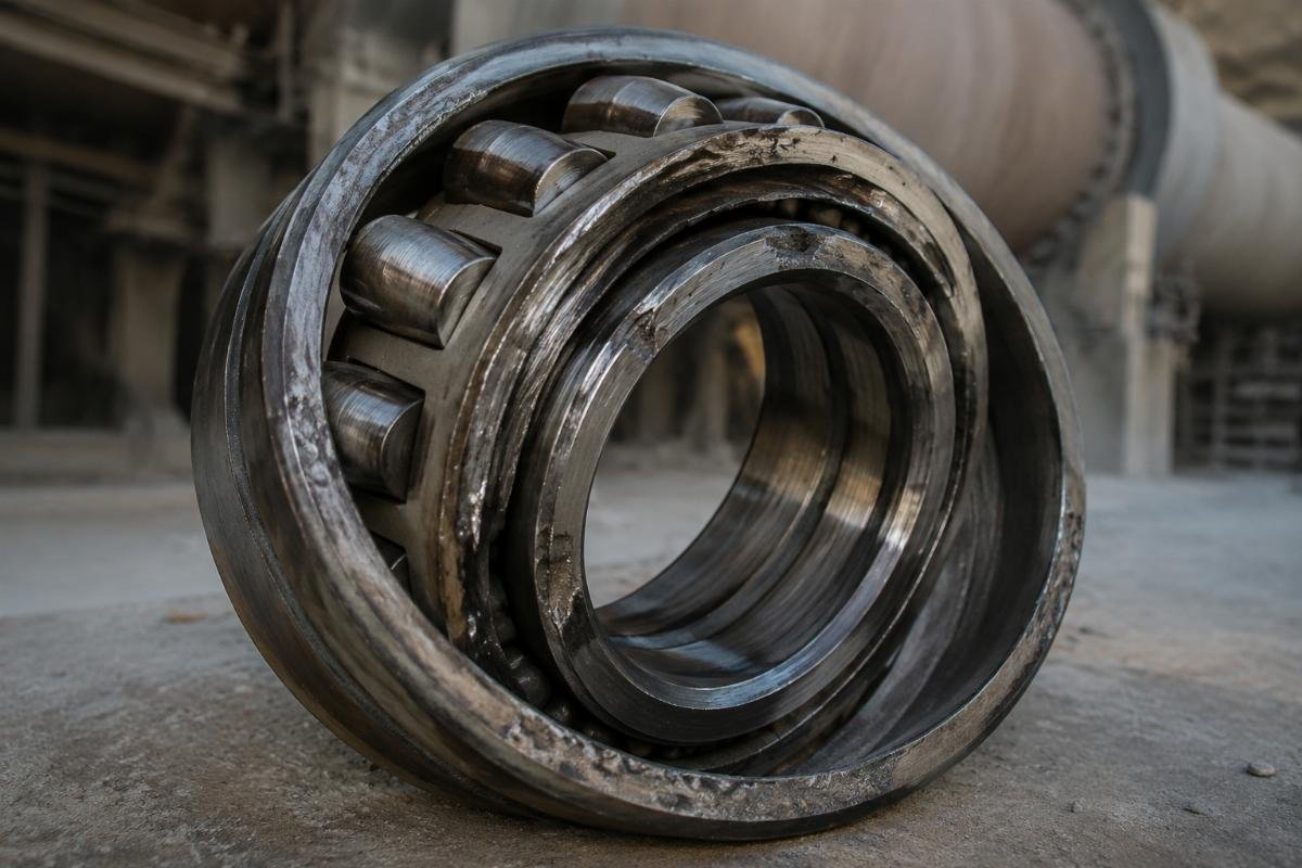 Damaged spherical roller bearing from a cement kiln showing cage wear and raceway skidding caused by insufficient radial clearance