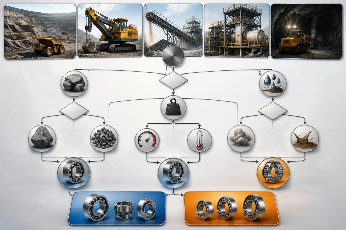 Decision flowchart for selecting SKF or Timken bearings based on mining application load type and environment