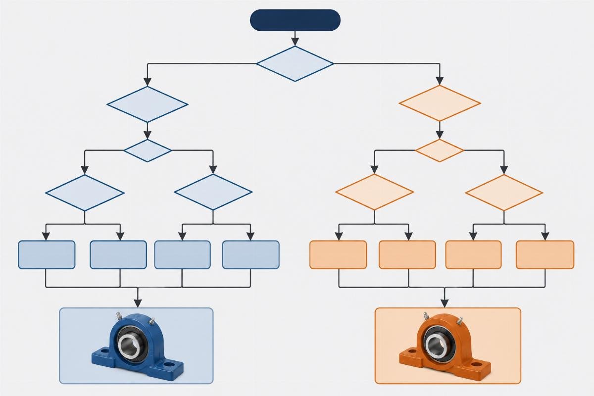 Decision matrix flowchart for selecting between SKF and Timken pillow block units based on application conditions