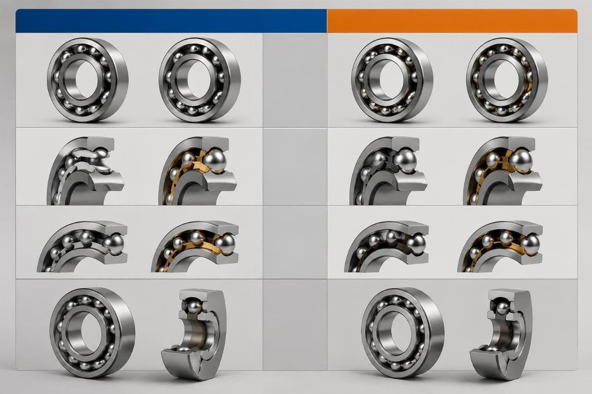 Deep groove bearing suffix comparison chart showing SKF and Timken clearance cage and precision class encoding differences