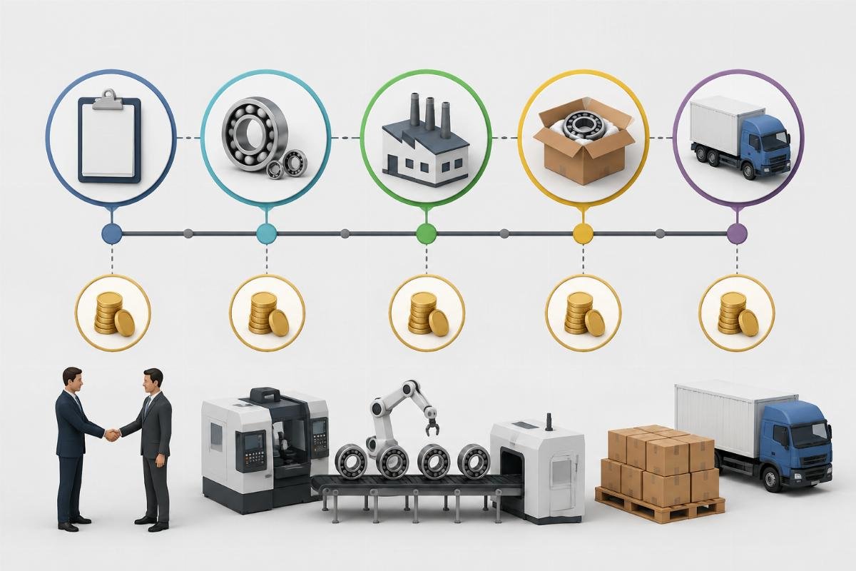 Diagram showing split payment milestones for dual-brand bearing orders