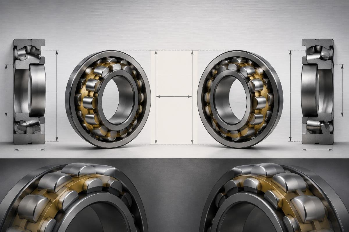 Dimensional comparison chart of SKF and Timken 223 series spherical roller bearings showing identical boundary dimensions