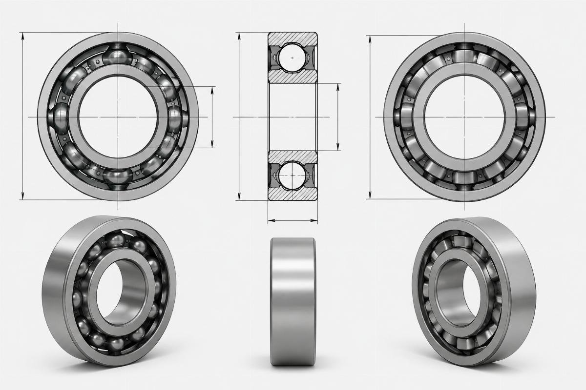 Dimensional drawing overlay of SKF 6205 and Timken 205K showing matching bore, OD, and width per ISO 15