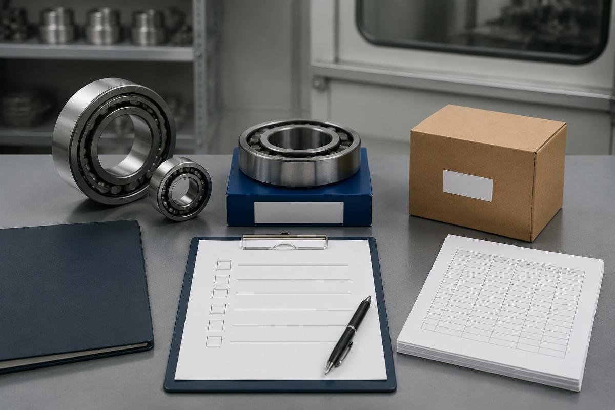 Document checklist for bearing authenticity verification including certificate of conformity, country-of-origin label, and batch inspection report