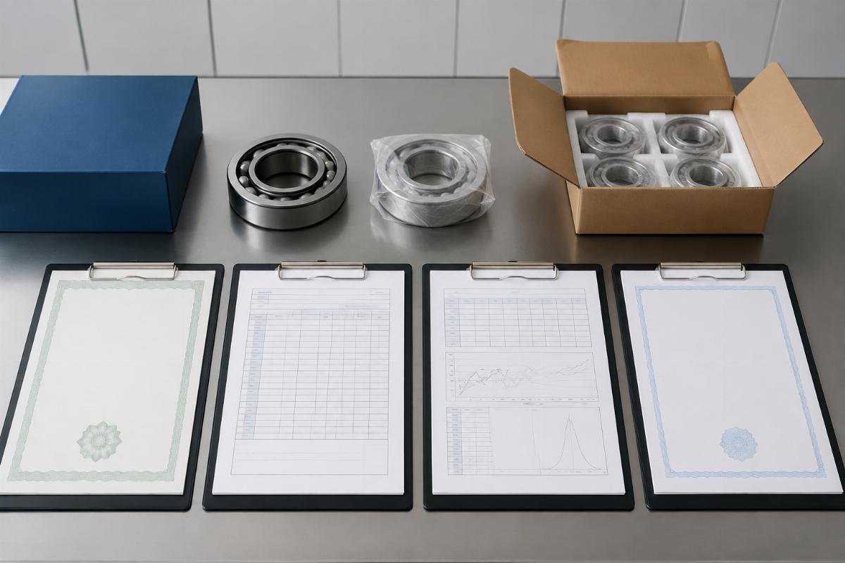 Document checklist for bearing procurement showing Certificate of Origin, batch traceability, material test report, and authorization letter
