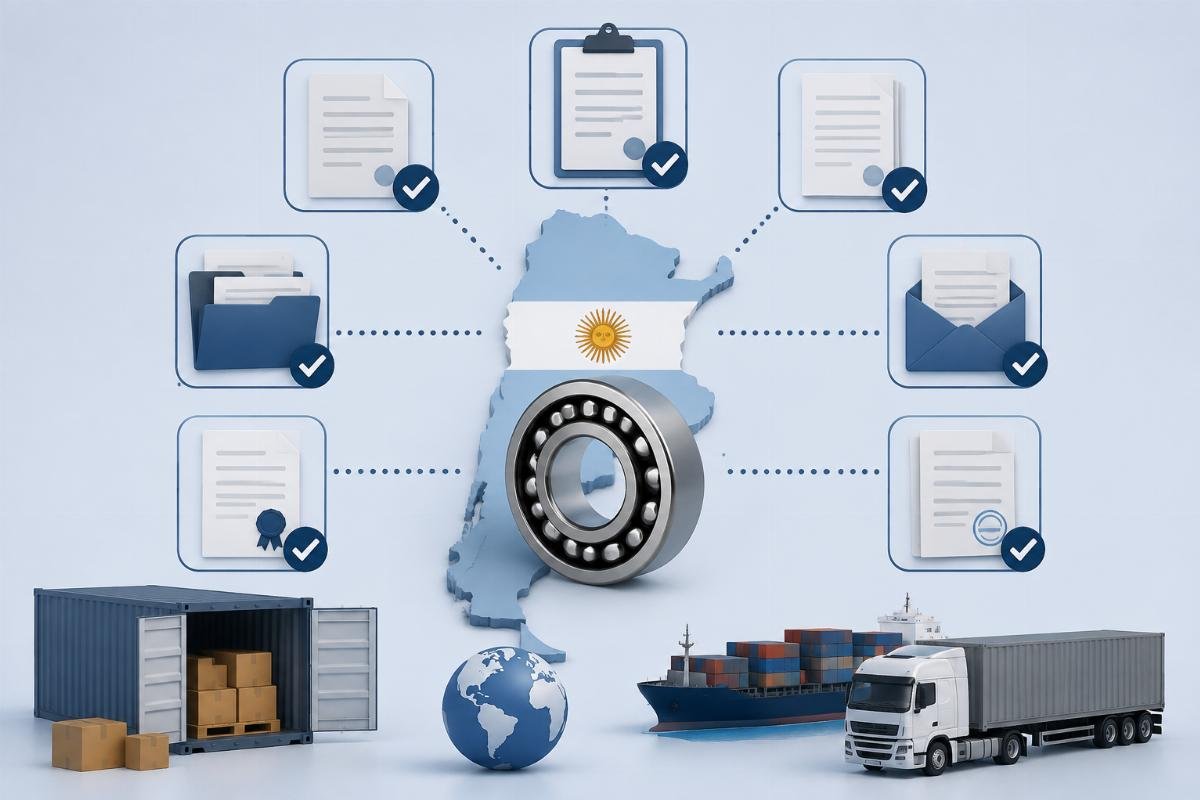 Document checklist infographic showing required papers for authentic bearing import into Argentina