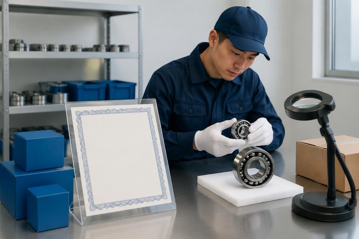 Documentation checklist for genuine SKF bearing procurement showing authorization certificate and origin verification