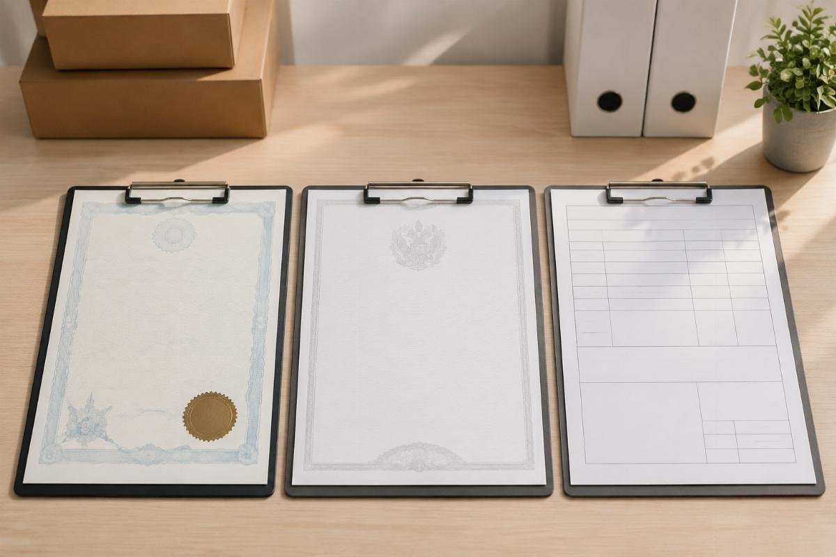 Documentation checklist showing certificate of origin, distributor authorization, and batch inspection report