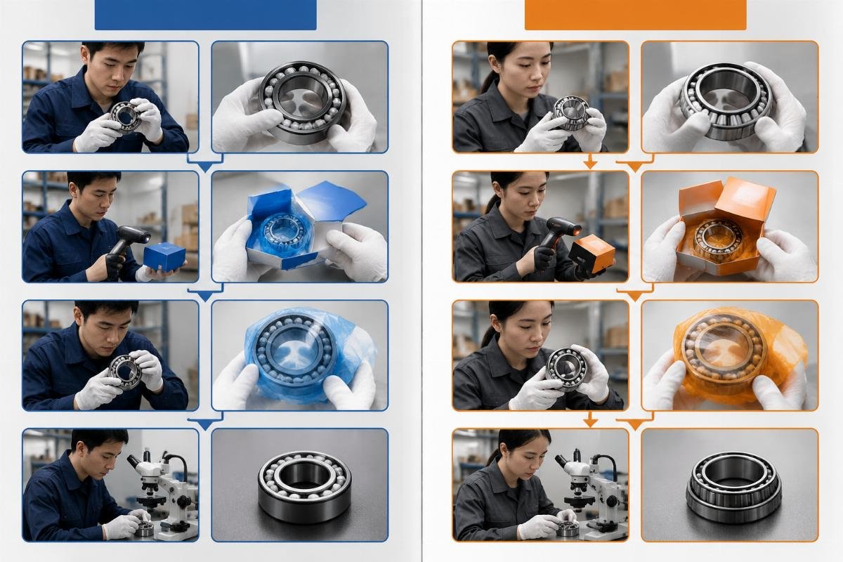Dual-brand bearing verification checklist showing separate authorization and traceability validation steps for SKF and Timken