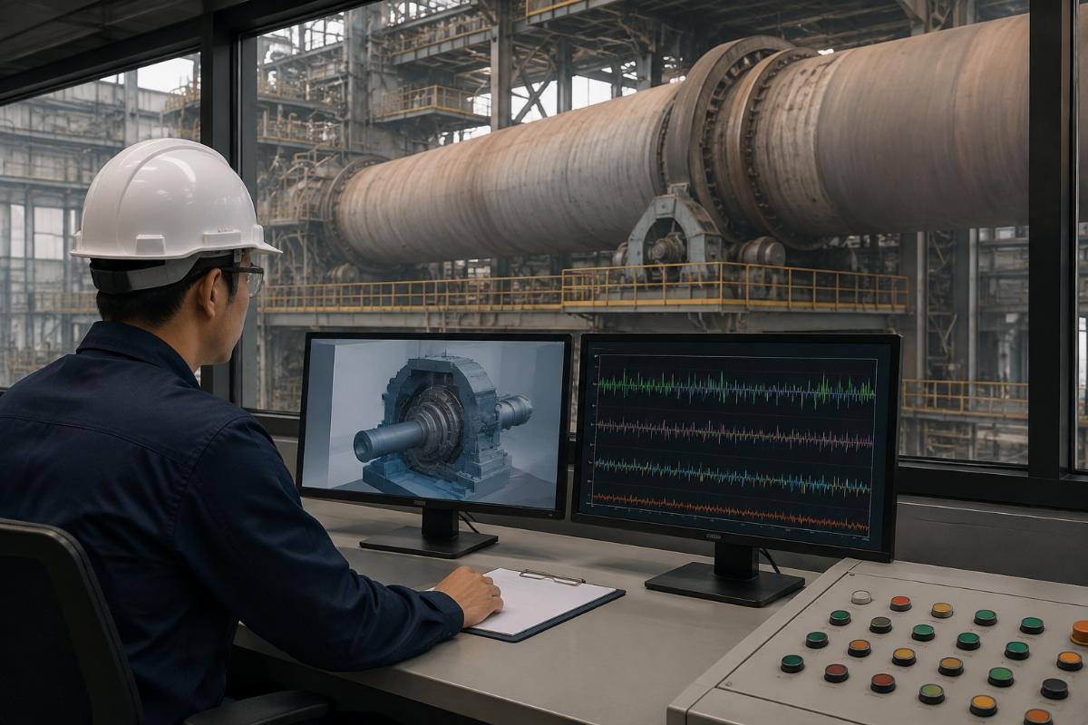 Engineer reviewing bearing operating parameters and kiln duty cycle data