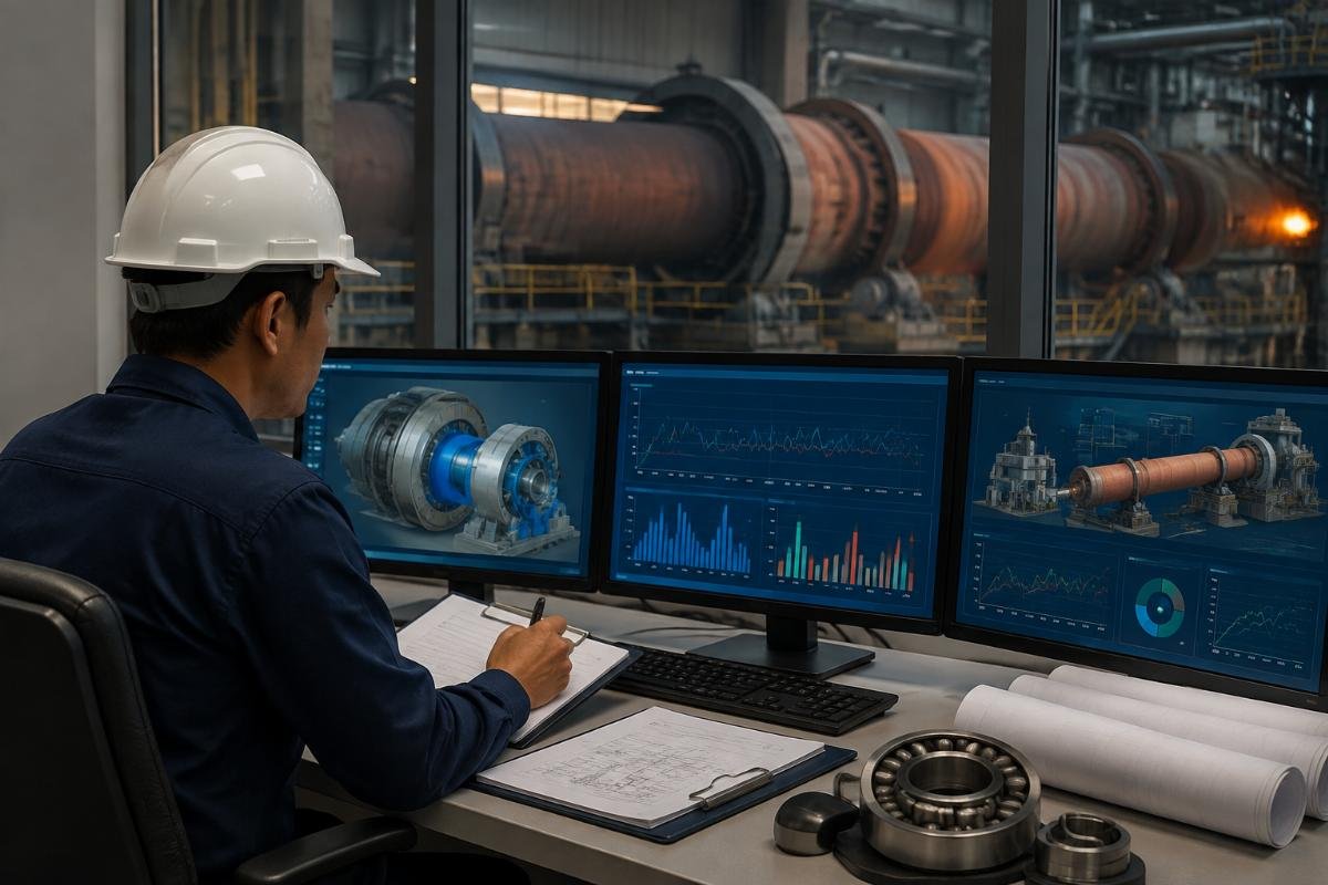 Engineer reviewing bearing operating parameters and kiln duty cycle data
