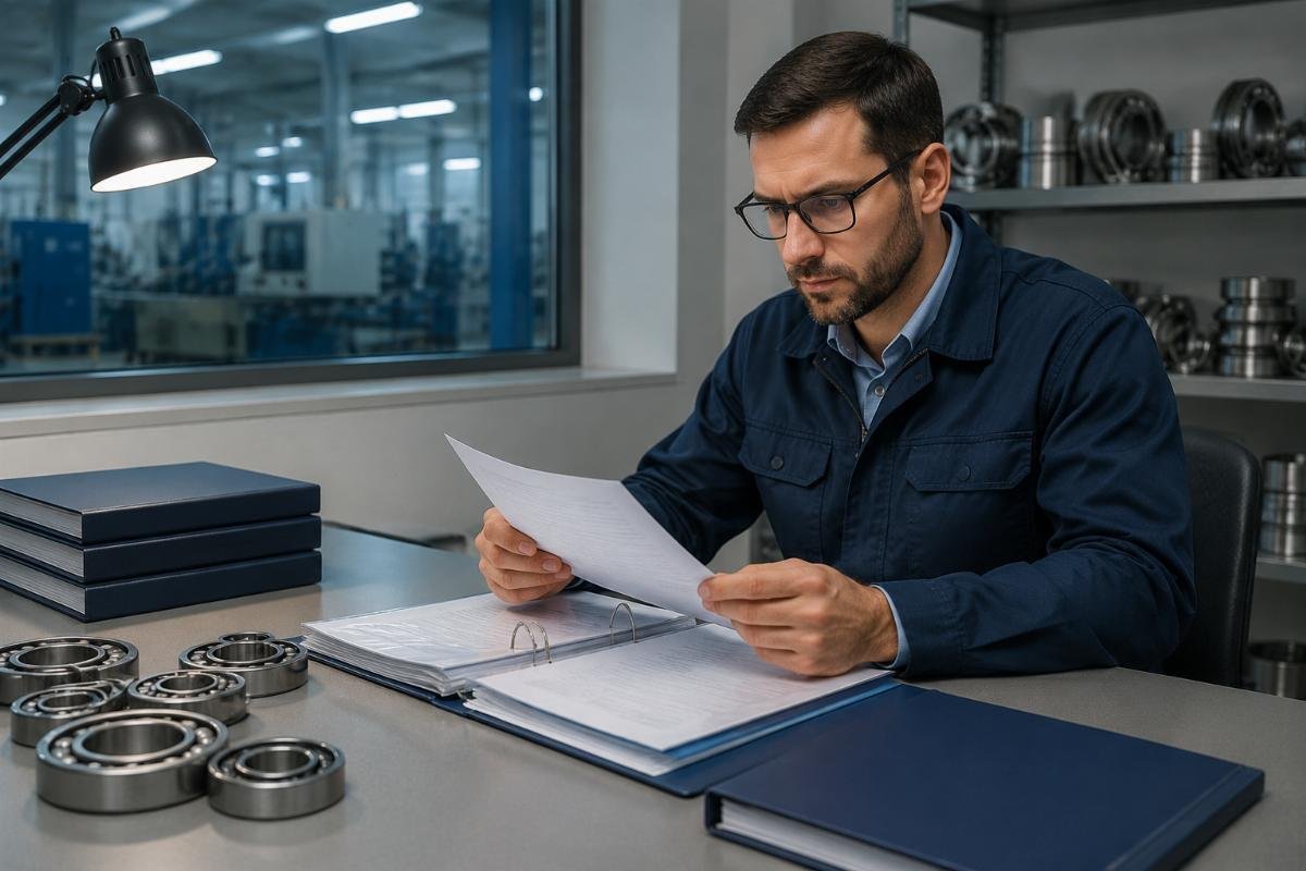 Engineer reviewing bearing supplier qualification documentation including material certificates and heat treatment records Bearing Supplier Evaluation Checklist