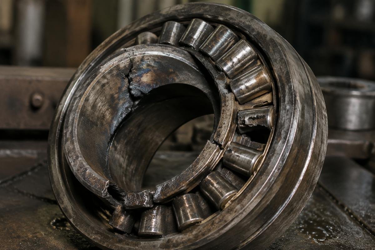 Failed spherical roller bearing showing inner ring cracking and cage damage from thermal overload in steel mill roll neck service