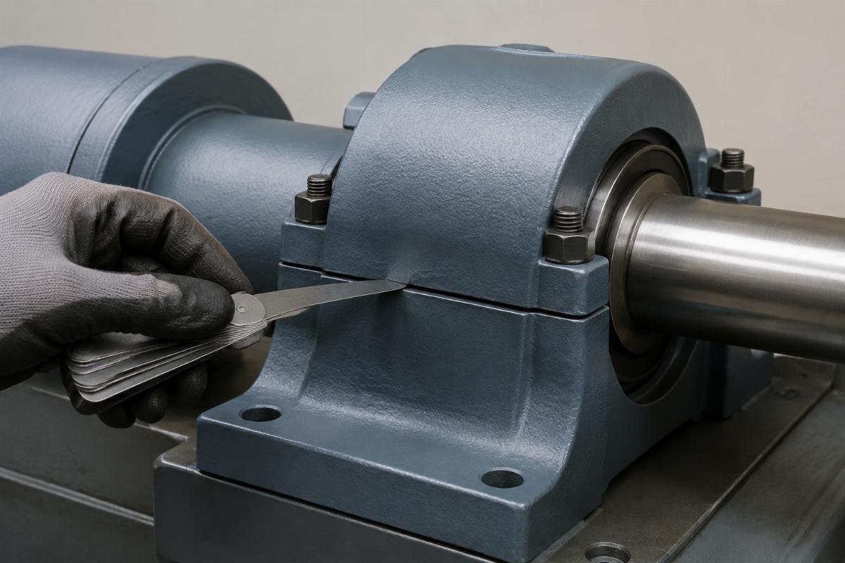Feeler gauge checking housing split-line flatness on a pillow block
