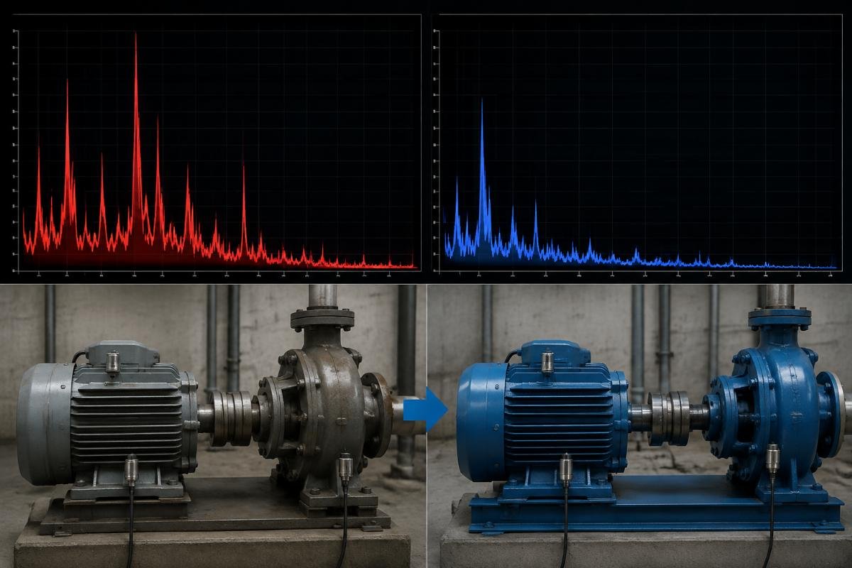 FFT spectral analysis showing baseline versus post-installation vibration