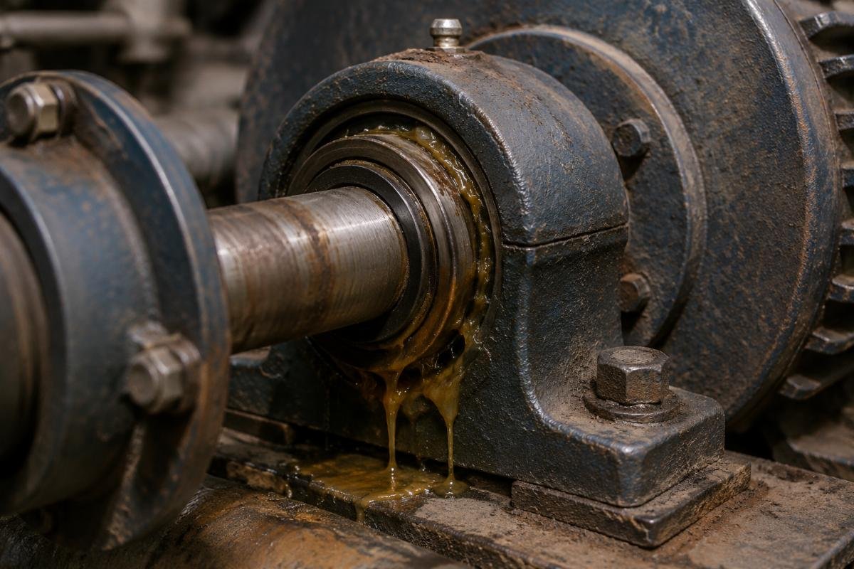 Field-failed bearing showing grease leakage from incorrect seal suffix selection