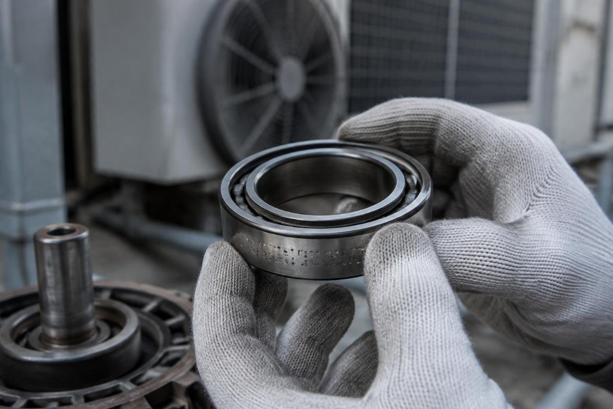 Field inspection of a suspected counterfeit HVAC motor bearing showing irregular laser marking on the outer ring