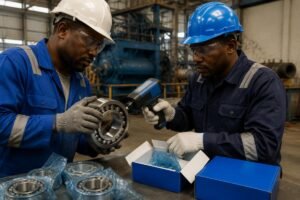 Field inspection of SKF bearing packaging and laser markings at a Nigerian industrial site