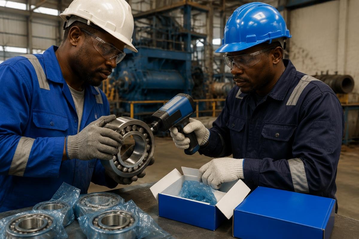 Field inspection of SKF bearing packaging and laser markings at a Nigerian industrial site