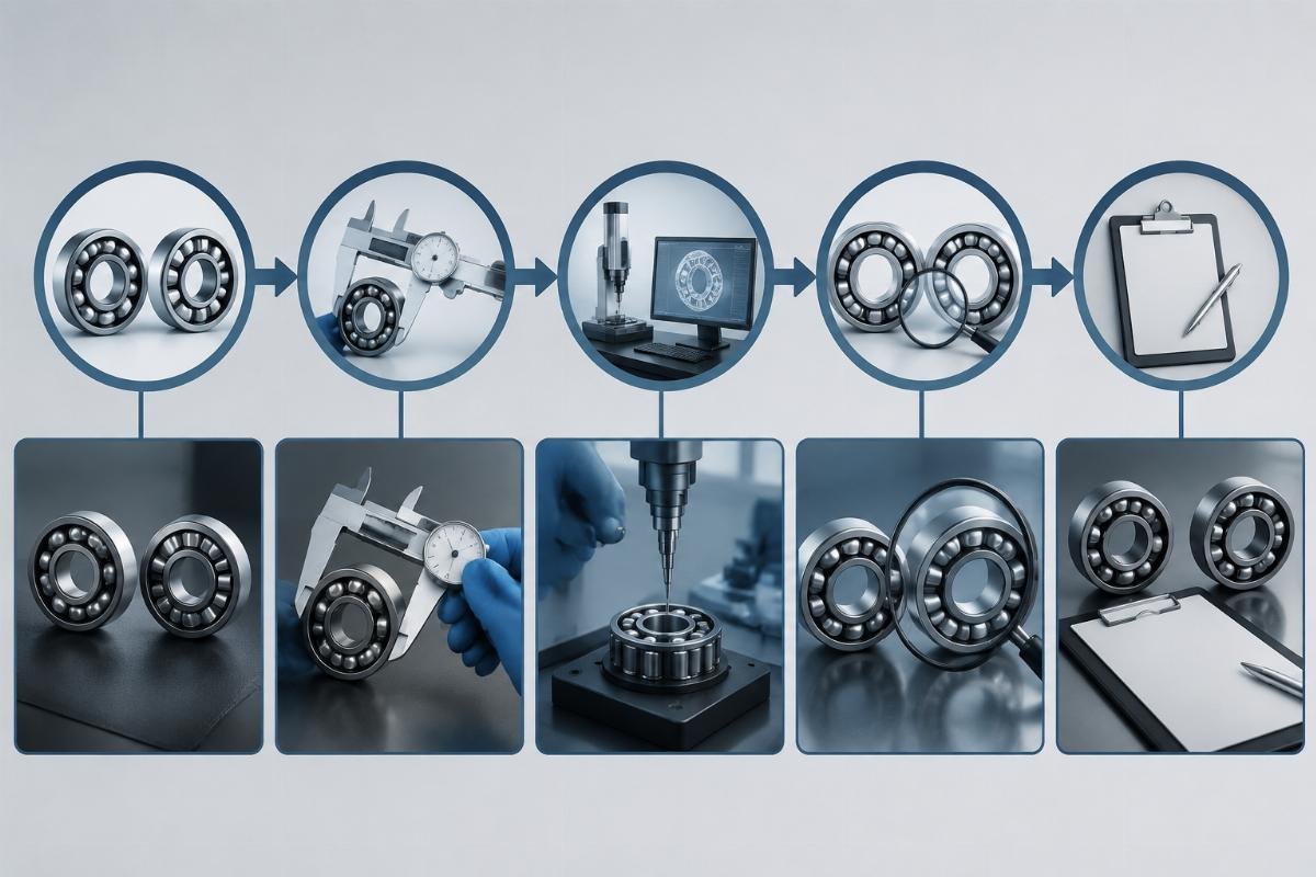 Five-step cross-reference workflow diagram for SKF and Timken precision bearing comparison