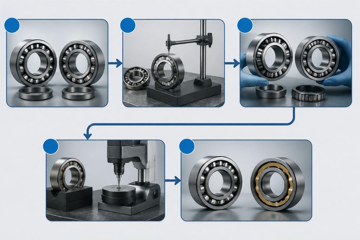 Five-step cross-reference workflow diagram for SKF and Timken precision bearing comparison