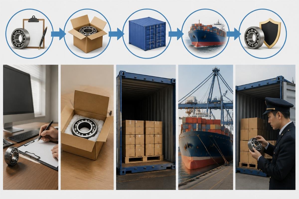 Five-step document chain workflow from purchase order through customs clearance for bearing imports