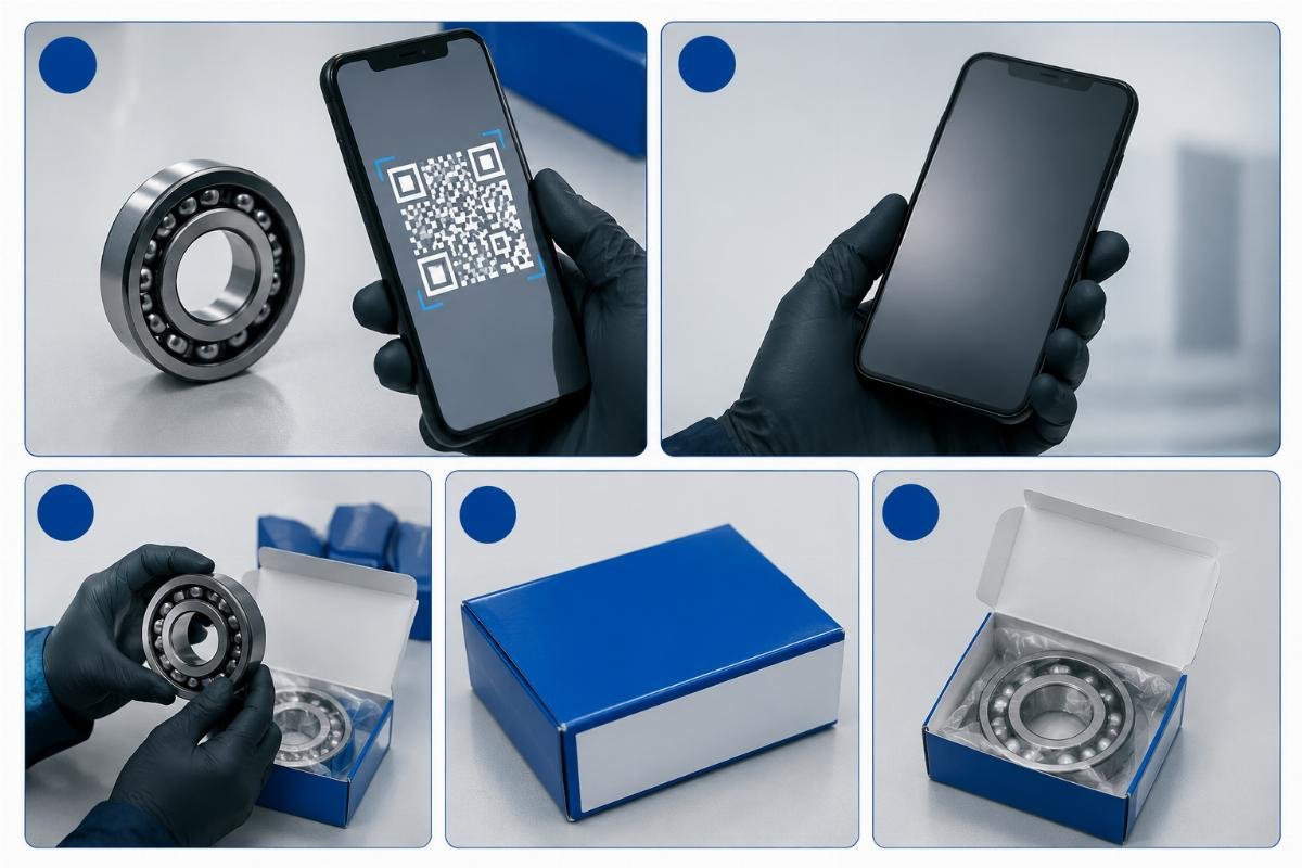 Five-step SKF bearing authenticity verification process with QR code and packaging inspection