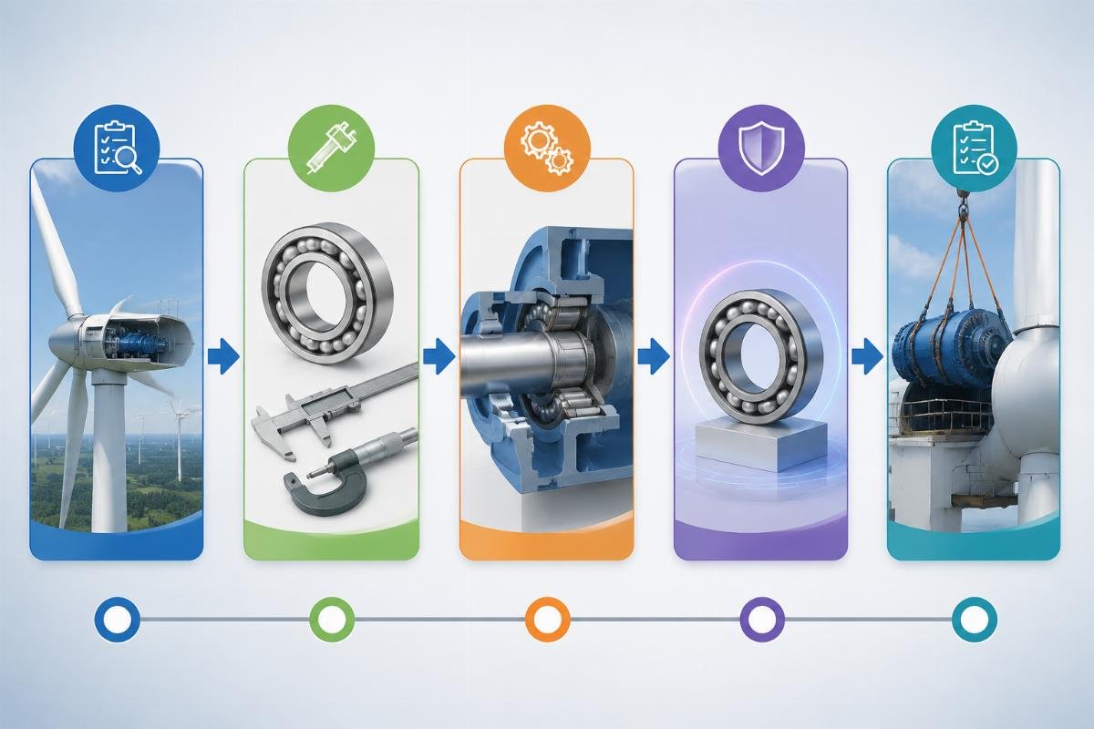 Five-step specification verification flowchart for wind turbine main shaft bearing substitution