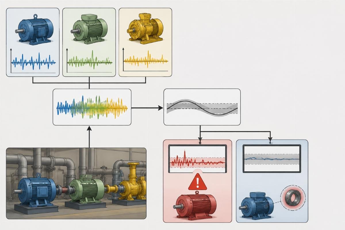 Flowchart illustrating how mixed-brand vibration baselines lead to false alarms and missed fault detection in predictive maintenance programs