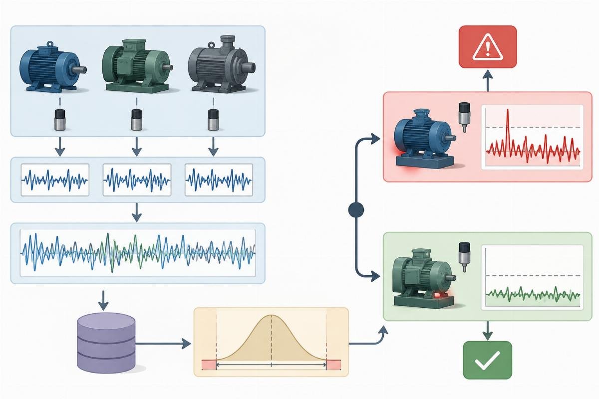 Flowchart illustrating how mixed-brand vibration baselines lead to false alarms and missed fault detection in predictive maintenance programs