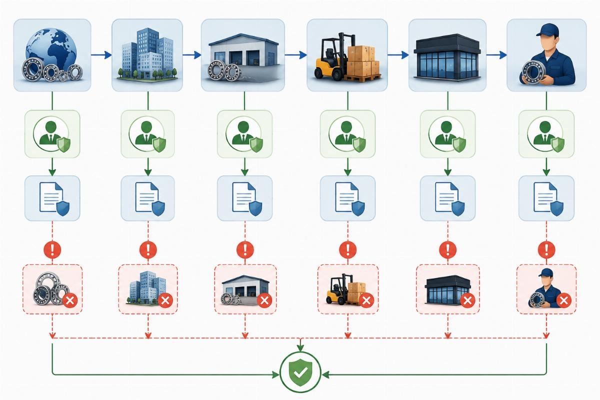 Flowchart showing authorization chain breakdown points in multi-brand bearing procurement