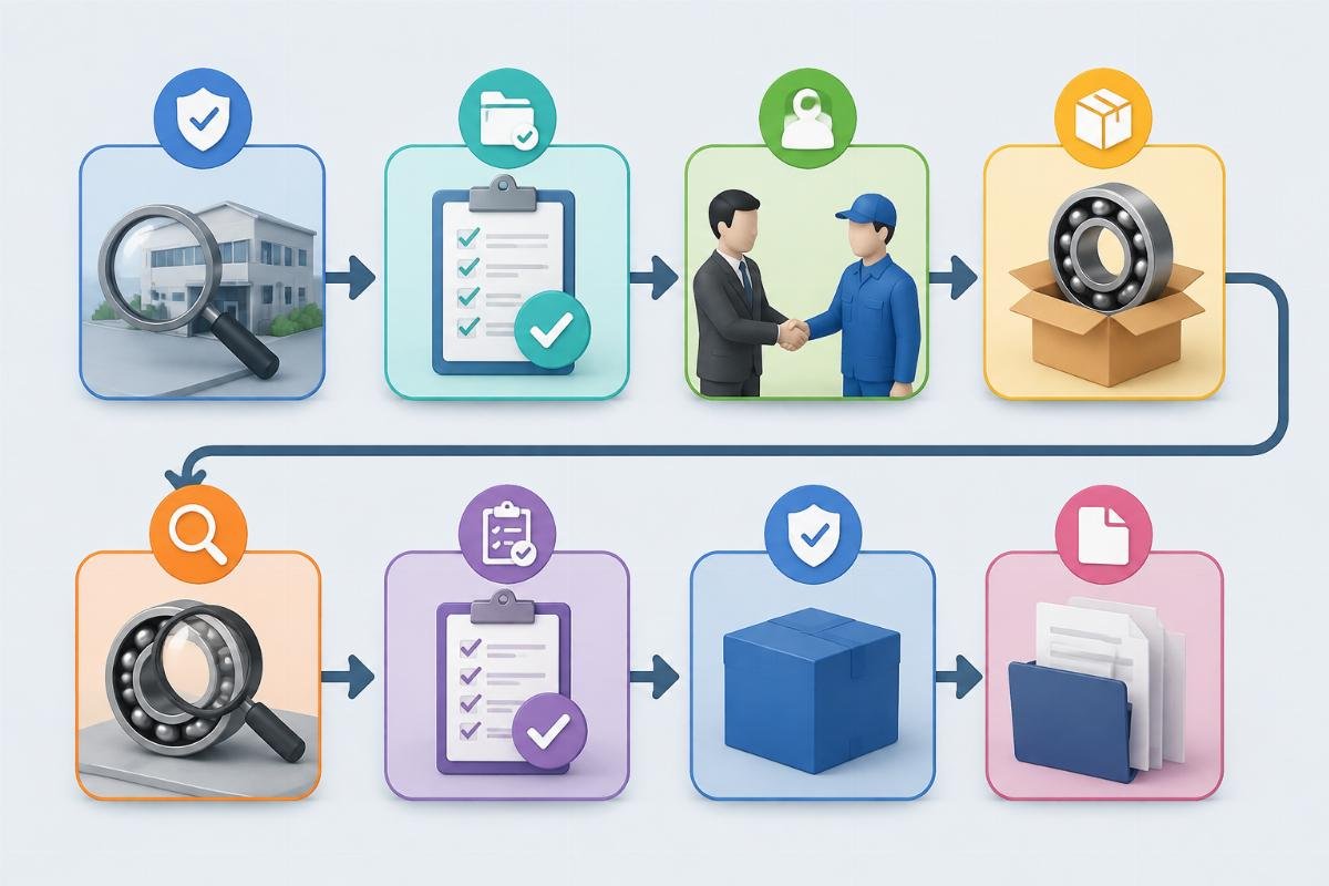Flowchart showing reliable SKF bearing supplier selection process from authorization check to documentation verification