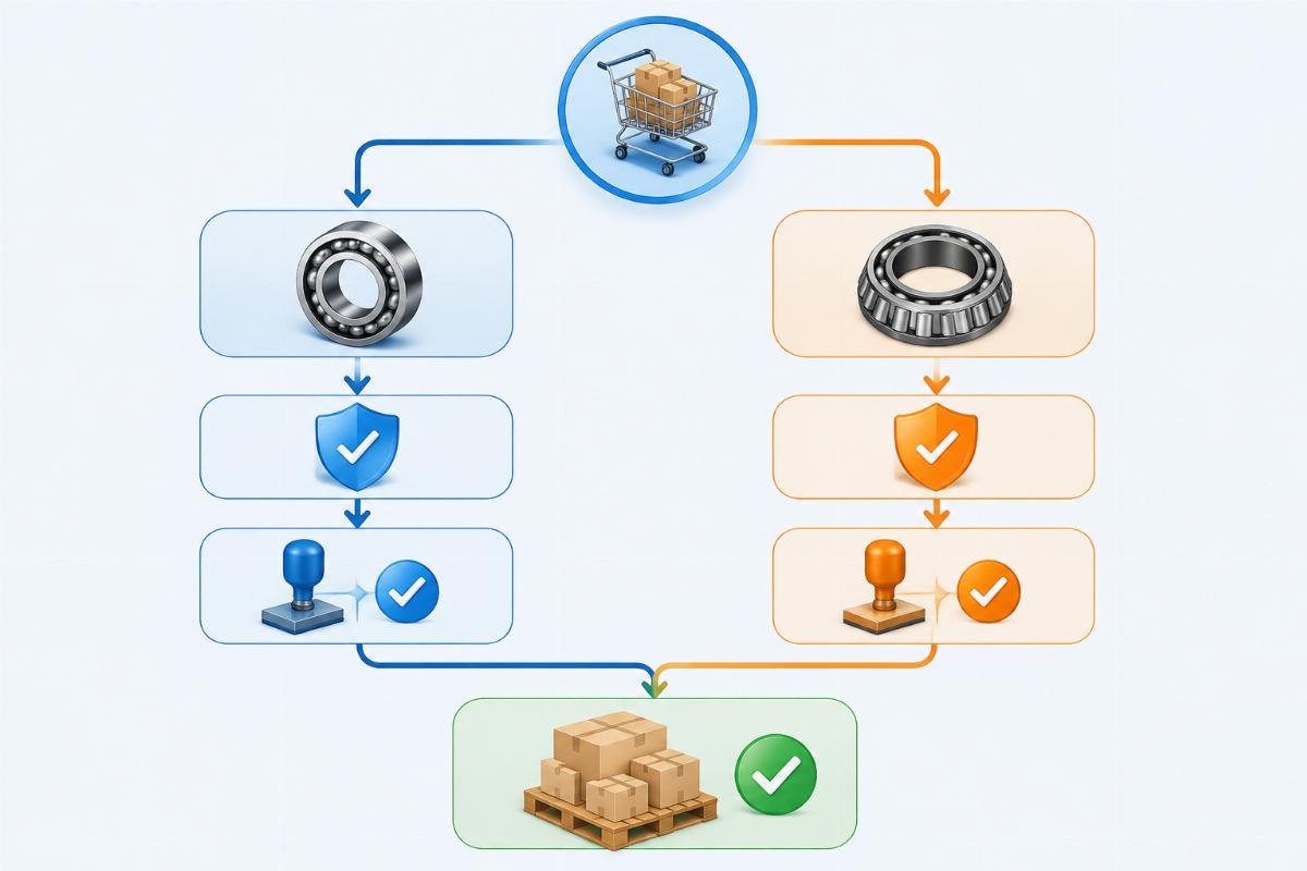 Flowchart showing separate authorization verification paths for SKF and Timken within a single wholesale order