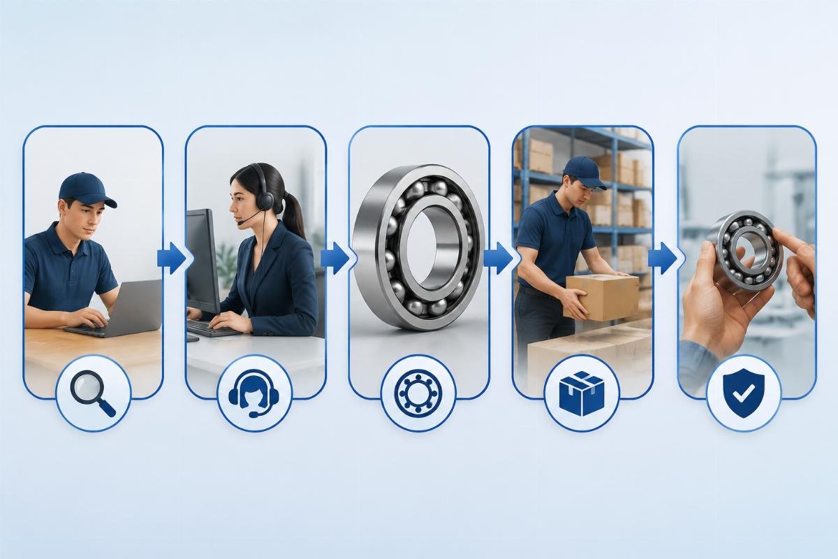 Flowchart showing the five-step process for sourcing genuine SKF bearings from authorized dealers