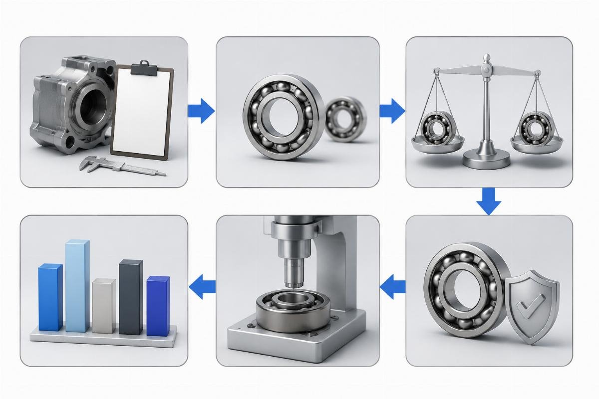Flowchart showing the six-step cross-brand bearing selection process from OEM data to adjusted life comparison