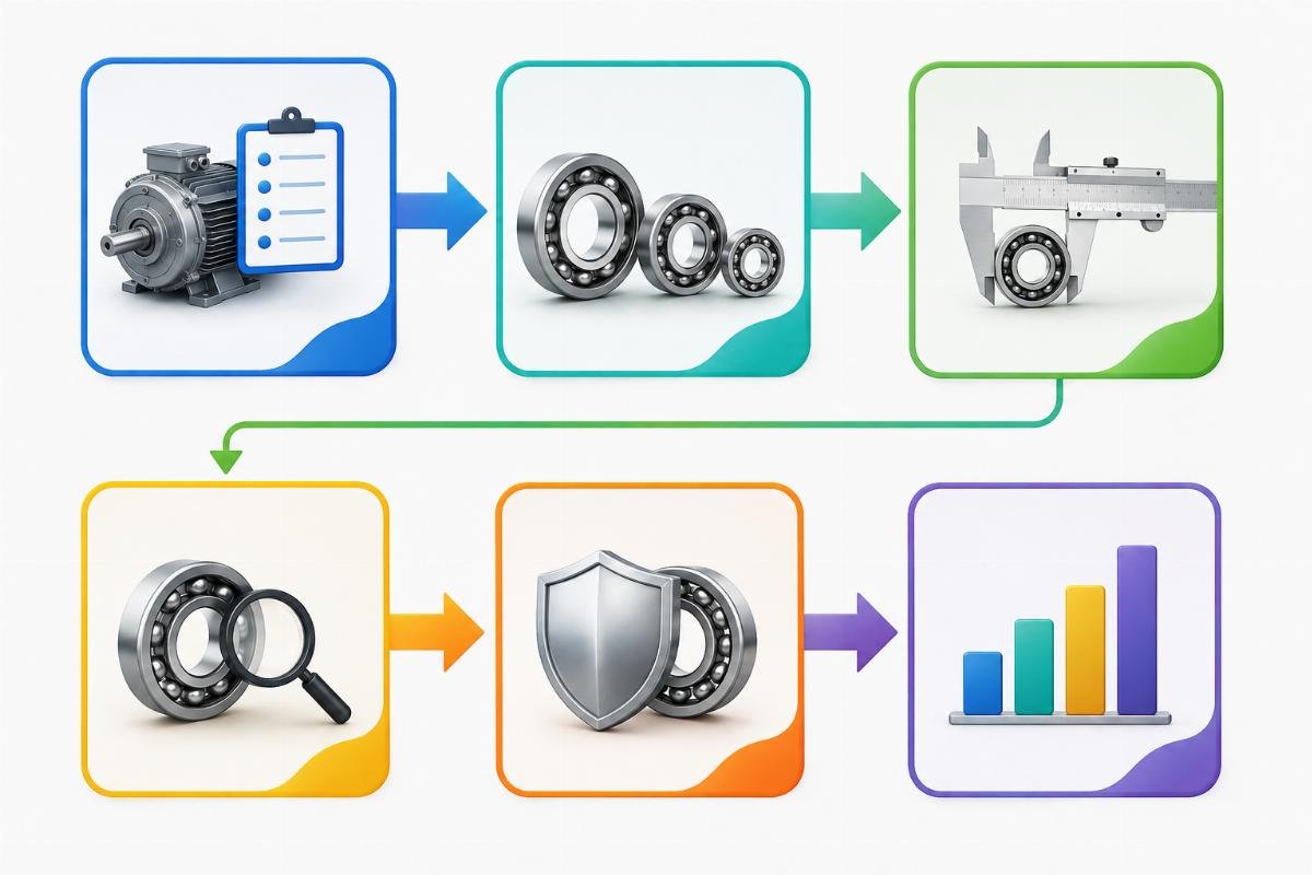 Flowchart showing the six-step cross-brand bearing selection process from OEM data to adjusted life comparison
