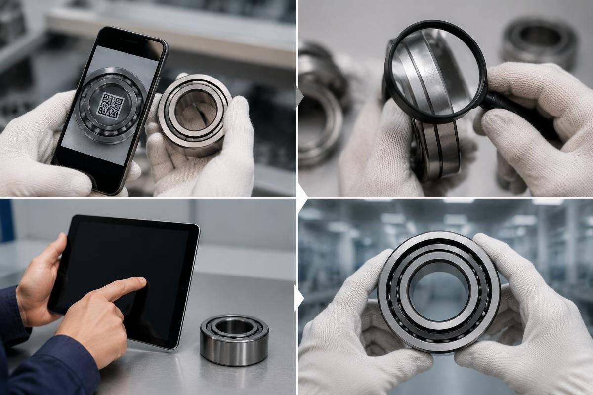Four-step bearing authenticity verification process showing QR scan, stamp inspection, authorization check, and visual inspection