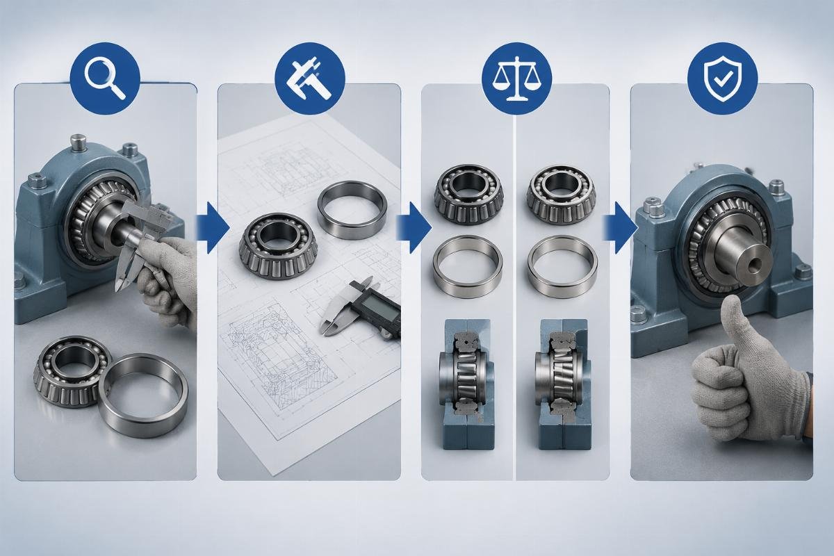 Four-step cross-reference verification flowchart for SKF 32218 bearing substitution