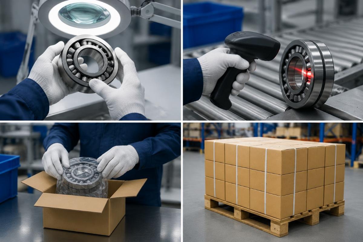 Four-step pre-shipment verification process for SKF bearings including marking check and code scanning