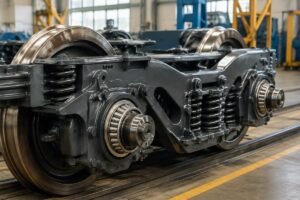 Freight rail bogie assembly with SKF and Timken tapered roller bearings installed in axle box positions