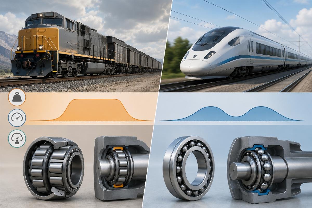 Freight versus passenger rail bearing application comparison showing load and speed profiles