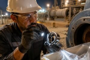 Genuine SKF bearing laser marking inspection under flashlight at Iraq job site