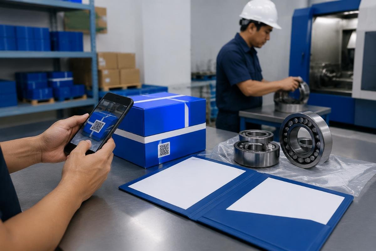 Genuine SKF bearing packaging with QR code verification and authorized dealer documentation for Indonesian industrial buyers