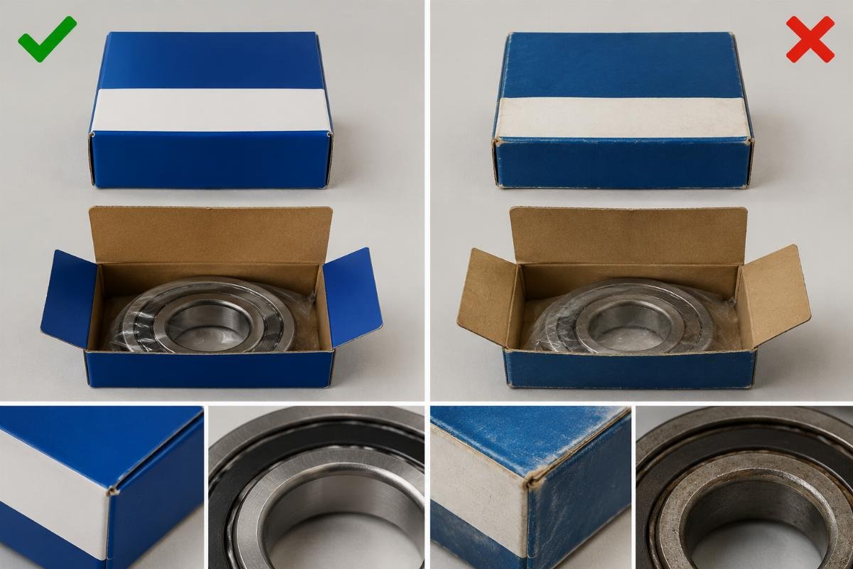 Genuine versus counterfeit bearing packaging comparison showing marking and print quality differences