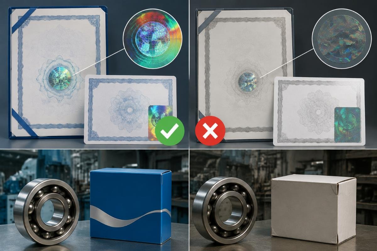Genuine vs. Counterfeit ISO 9001 Documentation Features Comparison of genuine vs counterfeit bearing certificates showing hologram differences and scope details