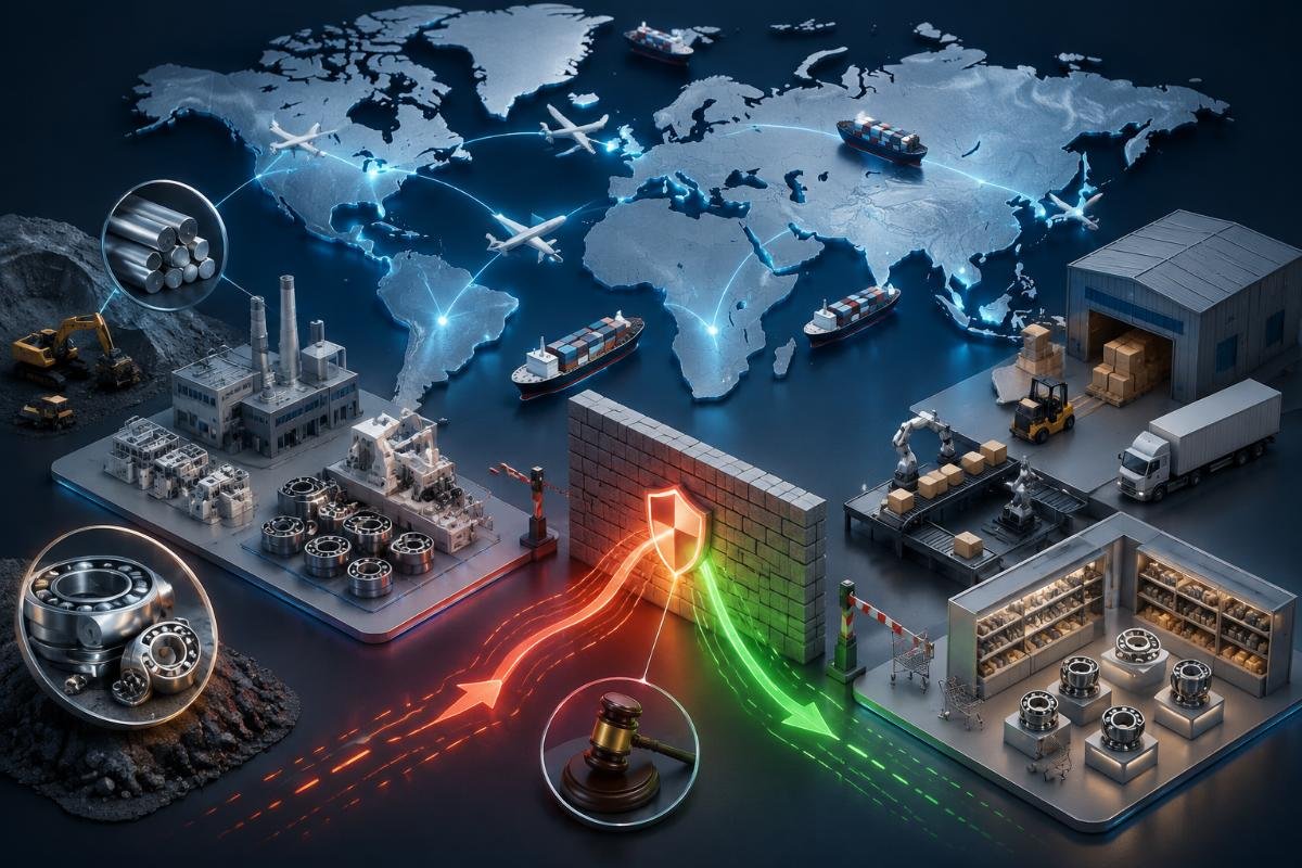 Global bearing supply chain flow showing trade policy impact on brand sourcing