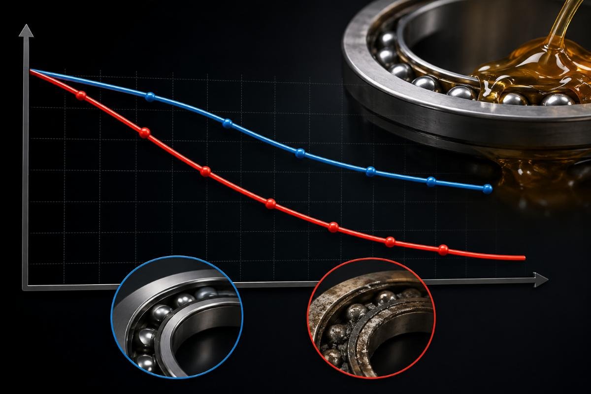 Graph illustrating how a_ISO and Timken adjustment factors diverge under poor lubrication conditions