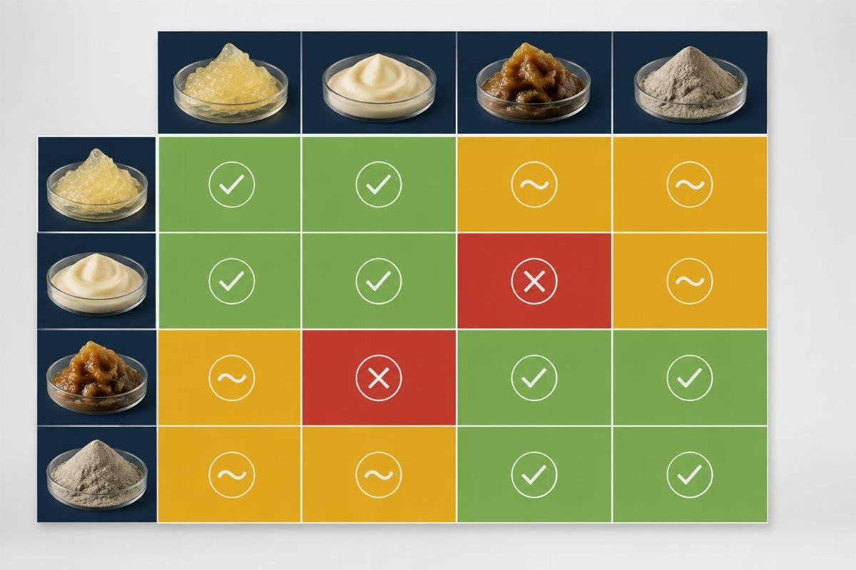 Grease compatibility matrix showing lithium complex, polyurea, calcium sulfonate, and clay thickener cross-matching