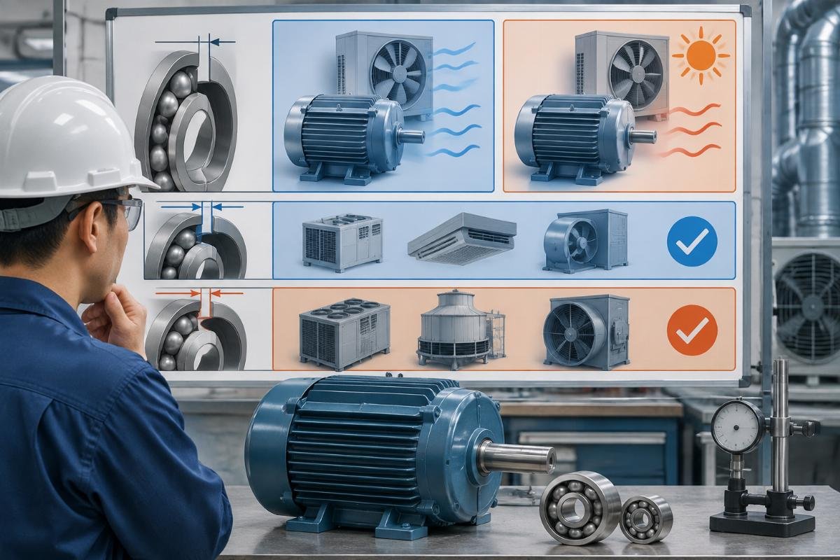 HVAC motor bearing clearance selection chart showing C3 and C4 applications